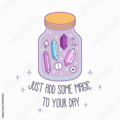Glass Jar with Crystals, Symbols and a Quote. Vector illustration