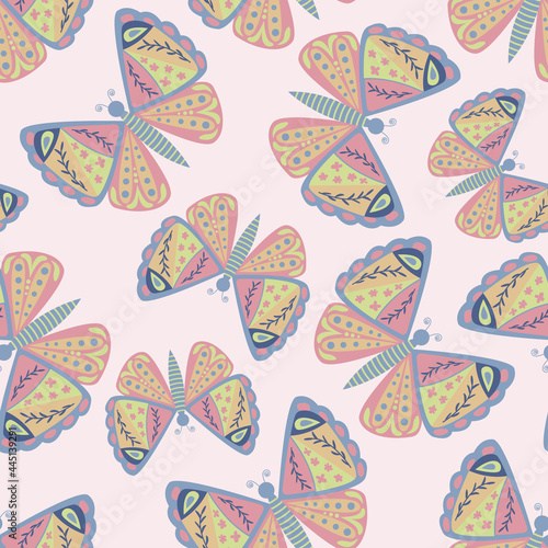 A pattern of butterflies on a pink background.