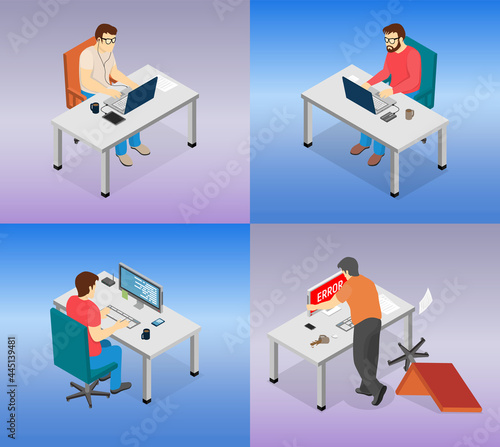 Set of illustrations about people using their laptops for work. Men sitting and typing on computer. Male team with computers. Male characters program, work with electronic devices and technical errors