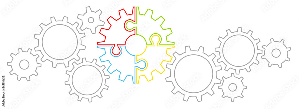 Zahnräder Grafisch Puzzle Kontur Grau/Bunt Zahnräder Grafisch Puzzle Kontur Grau/Bunt