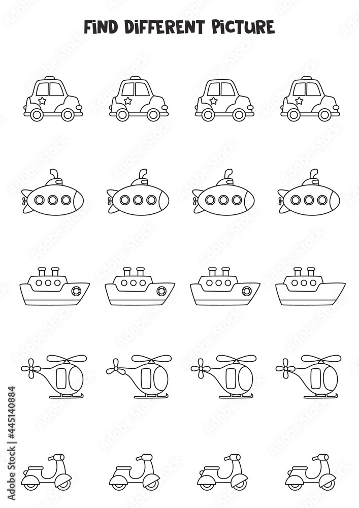 Find transport which is different from others. Black and white worksheet for kids.