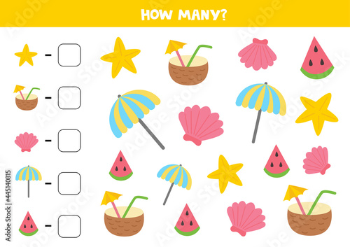 Counting game with cute summer elements. Math worksheet.