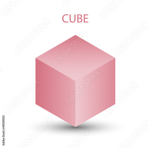 Vector pink cube with gradients for game, icon, packaging design or logo. Cube illustration isolated on white background. Minimalist style abstract cube icon. Platonic solid. Icon.