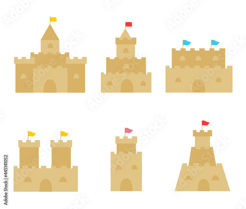 Collection of six sand castles. Vector pictures.