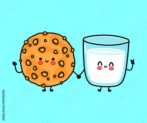 Cute, funny happy glass of milk and  oatmeal cookies character. Vector hand drawn cartoon kawaii characters, illustration icon. Funny cartoon glass of milk and oatmeal cookies friends concept