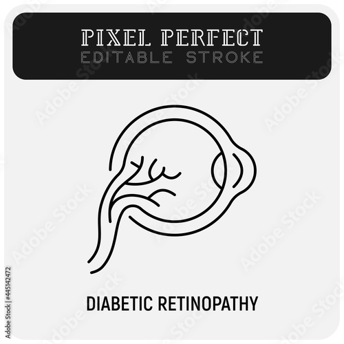 Diabetic retinopathy thin line icon. Ophthalmology. Damage of eyeball because of diabetes mellitus disease. Pixel perfect, editable stroke. Vector illustration.