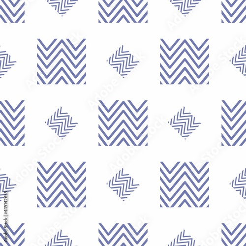Raster geometric pattern. Ornament of blue zigzag, square. Template for textiles, scrapbooking.