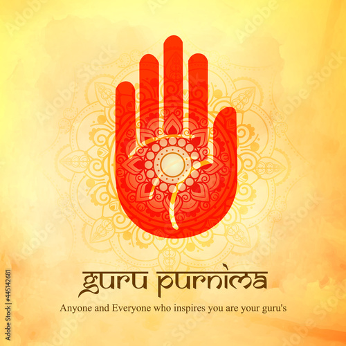 Illustration of Guru Purnima with blessing hand which is decorated with mandala. The background of the poster is also decorated with a mandala in orange color.