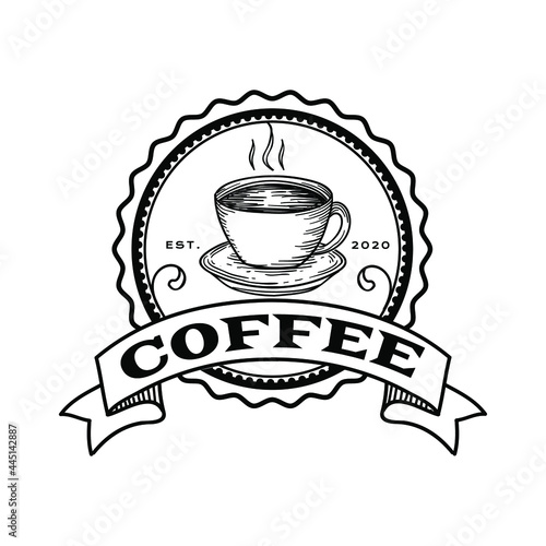 Coffee Cup Vintage Badge Stamp With Ribbon Hand Drawing Logo Vector Illustration Template Icon Design