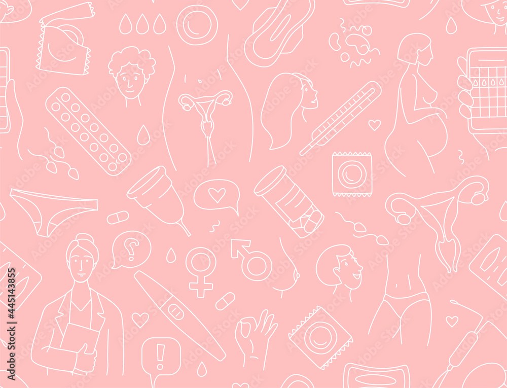 Women health, hygiene and contraception seamless background pattern. Women health, hygiene and contraception seamless background pattern.