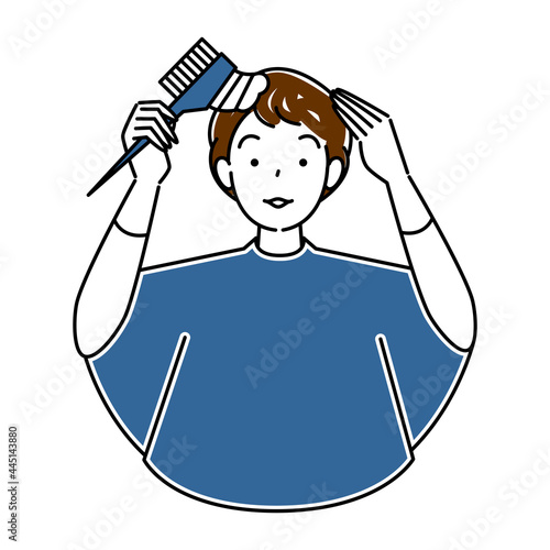 3ヘアケア セルフカラー 白髪染め コームで部分染めをしている可愛い女性 イラスト シンプル ベクター