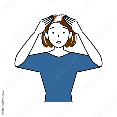 ヘアケア 頭頂部の薄毛と生え際の白髪が目立ってきて困り顔の可愛い女性 イラスト シンプル ベクター