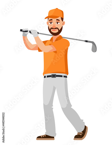 Golfer hitting with club. Male person in cartoon style.