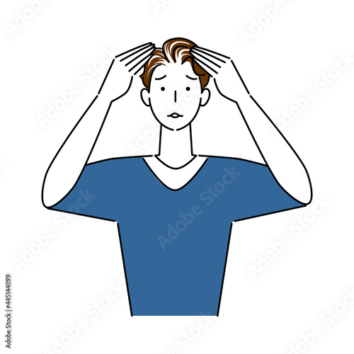 ヘアケア 頭頂部の薄毛と生え際の白髪が目立ってきて困り顔の可愛い男性 イラスト シンプル ベクター