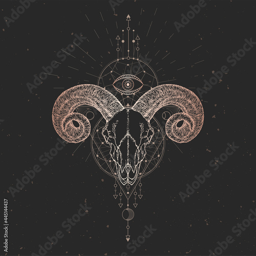 Vector illustration with hand drawn Ram skull and Sacred geometric symbol on black vintage background.