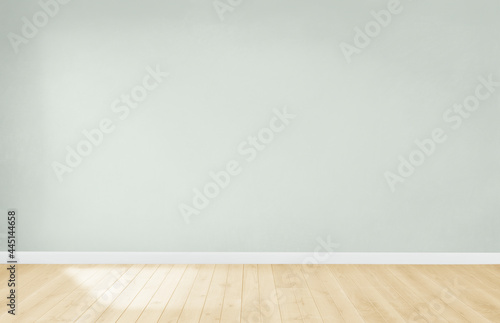 Light green wall in an empty room with a wooden floor