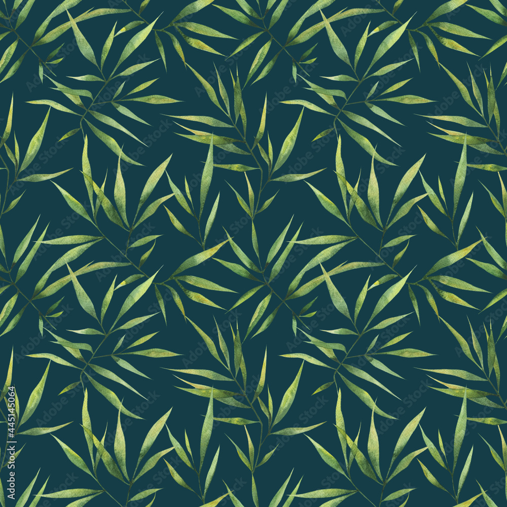 Seamless watercolor pattern with large branches and bamboo leaves on a dark background. Botanical illustration for fabrics, clothing, decor, packaging. Seamless watercolor pattern with large branches and bamboo leaves on a dark background. Botanical illustration for fabrics, clothing, decor, packaging.