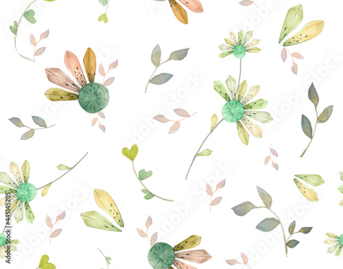Watercolor daisy flowers. Pattern. It is made in vintage colors. The style of old children's books. It is suitable for the design of postcards and walls, business cards or labels.