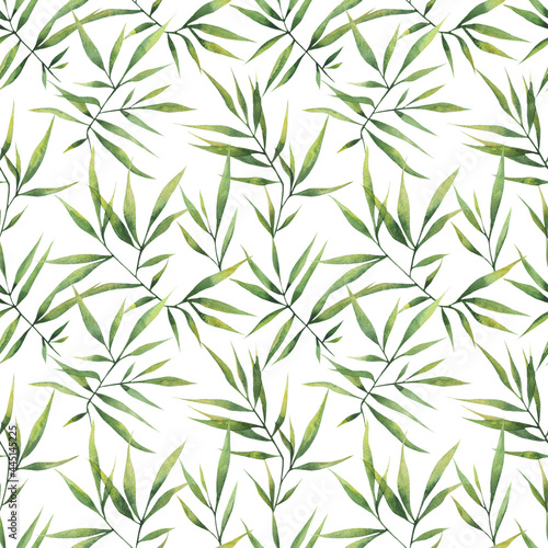 Seamless watercolor pattern with large branches and bamboo leaves on a white background. Botanical illustration for fabrics, clothing, decor, packaging.