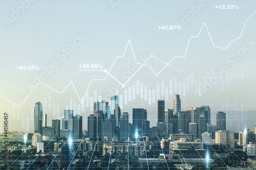 Double exposure of virtual creative financial diagram on Los Angeles office buildings background  banking and accounting concept