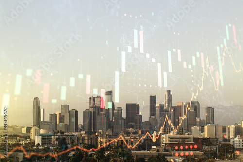 Multi exposure of virtual abstract financial graph hologram and world map on Los Angeles cityscape background  financial and trading concept