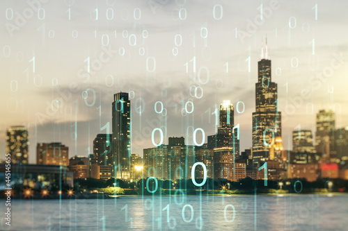 Abstract virtual binary code hologram on Chicago cityscape background, AI and machine learning concept. Multiexposure