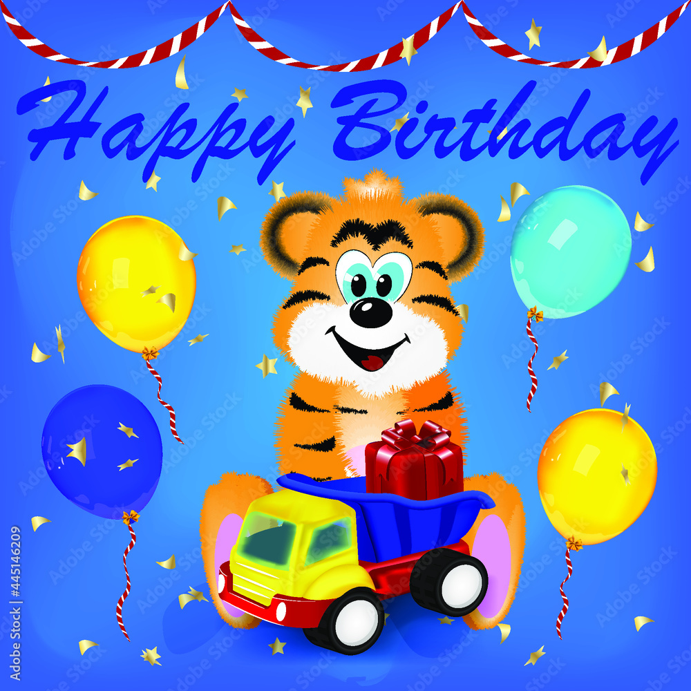 Poster, postcard, banner. Great illustration. Vector. holiday gift. Tiger with balloons, car and gift. blue background with serpentine. Greeting card text template. Poster, postcard, banner. Great illustration. Vector. holiday gift. Tiger with balloons, car and gift. blue background with serpentine. Greeting card text template.