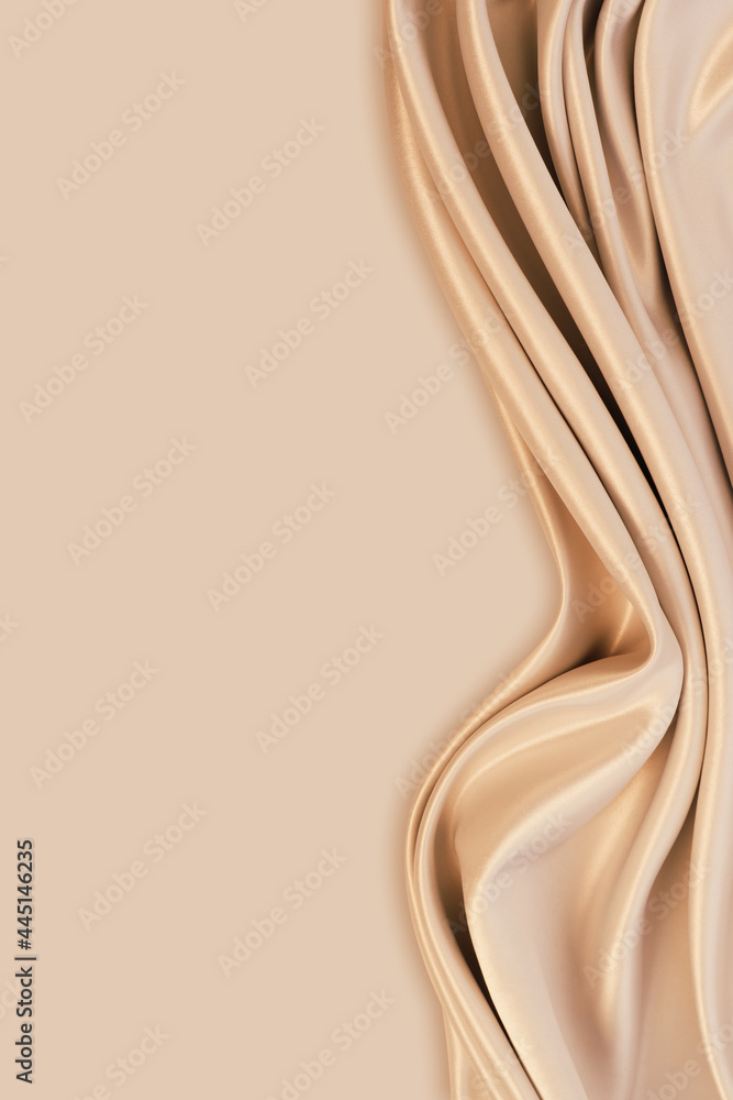 Fototapeta premium Beautiful elegant wavy light brown / beige satin silk luxury cloth fabric texture with monochrome background design. Copy space
