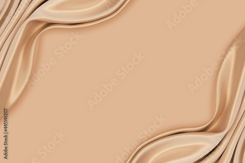 Beautiful elegant wavy light brown / beige satin silk luxury cloth fabric texture with monochrome background design. Copy space