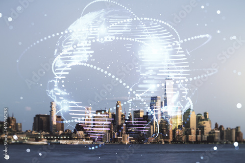 Abstract graphic digital world map hologram with connections on New York cityscape background, globalization concept. Multiexposure