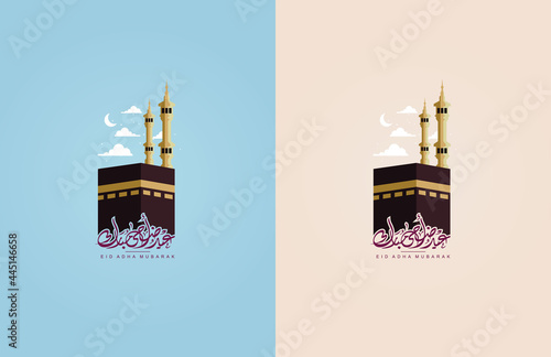 Eid Hajj or Eid Al-Adha Mubarak Card Templates Illustration with Creative Arabic Calligraphy and Kaaba (The Mosque Icon of Mecca)