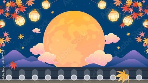 Happy Chuseok (Korean Harvest Festival) Background vector illustration. Autumn Maple tree branch with Full Moon on night sky