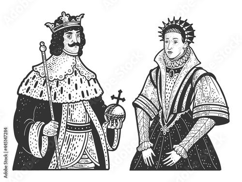 royal couple queen and king line art sketch engraving vector illustration. T-shirt apparel print design. Scratch board imitation. Black and white hand drawn image.