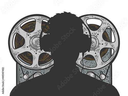 Silhouette of KGB russian special services agent and recording tape recorder sketch engraving vector illustration. Wiretapping. T-shirt apparel print design. Scratch board imitation.