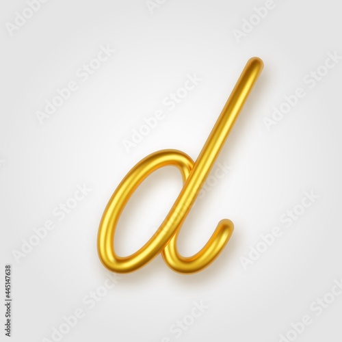 Gold 3d realistic lowercase letter D on a light background.