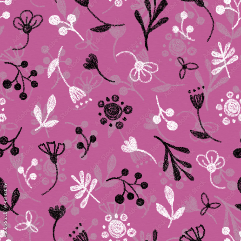Fototapeta premium Seamless pattern. Floral pattern, white and black twigs, berries and flowers on a pink background, drawing with chalk and charcoal.