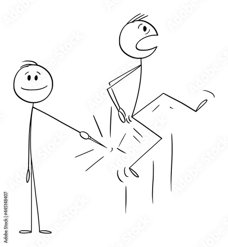 Person Stabbing or Pricking Another Man in His Bottom or Butt , Vector Cartoon Stick Figure Illustration