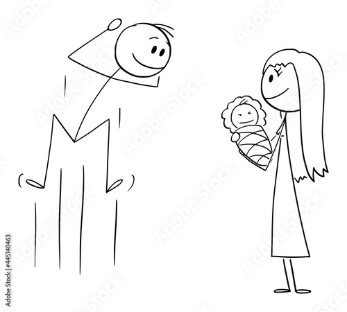 Father Happy to See His New Born Baby , Vector Cartoon Stick Figure Illustration