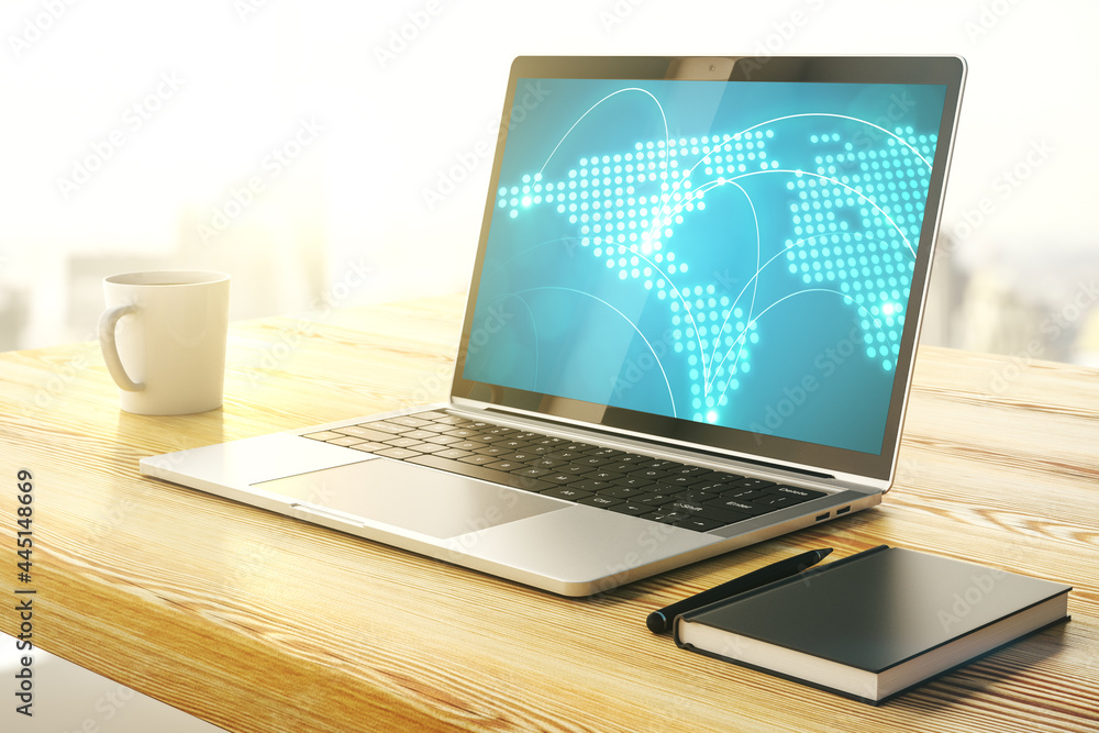 Fototapeta premium Abstract creative world map with connections on modern laptop screen, international trading concept. 3D Rendering