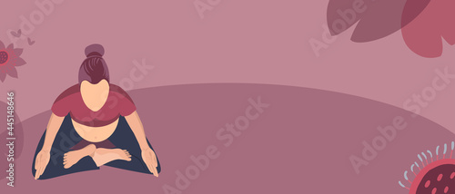 Mother and baby health trending banner for design, view from above. Pregnant woman is engaged in yoga. Vector illustration.