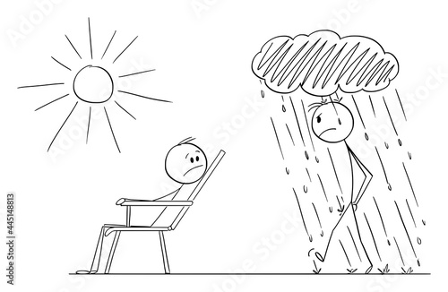 Man Is Enjoying Nice Day and Good Mood and Another Person Is Going in Bad Mood, Vector Cartoon Stick Figure Illustration