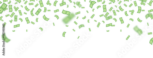 Dollar money flying on long white background. Pile of cash. Big win banner. Casino wallpaper. Business and finance concept. Banknote. Online wallet. Currency for mobile game, app. Vector illustration