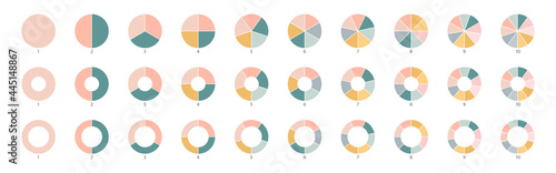 Wheel round diagram part symbol. Pie chart color icons. Segment slice sign. Circle section graph. 10,2,4,5 segment infographic. Three phase, six circular cycle. Geometric element. Vector illustration