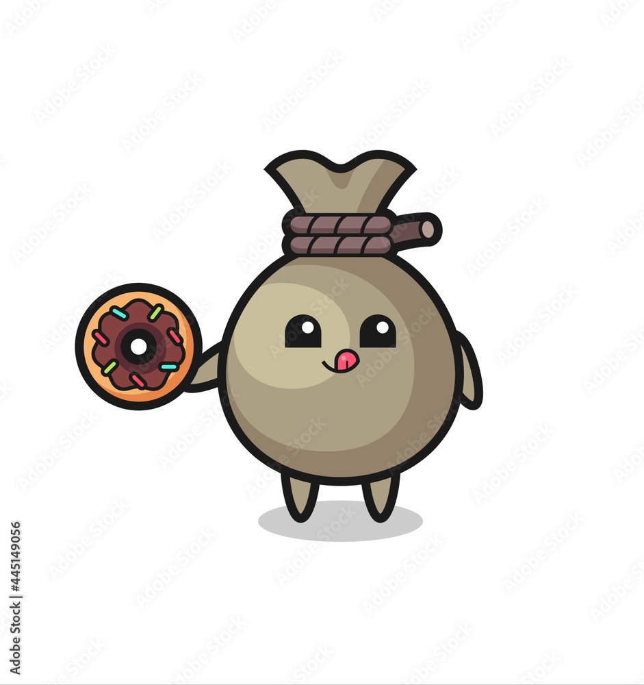 Fototapeta premium illustration of an money sack character eating a doughnut