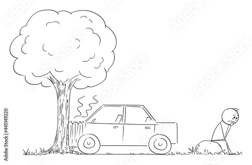 Car Crash Accident into Tree, Frustrated and Depressed Driver Is Waiting for Assistance, Vector Cartoon Stick Figure Illustration