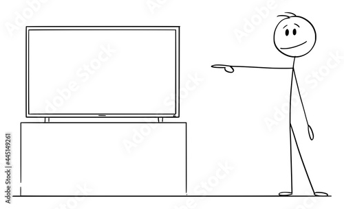 Person Is Pointing at Empty TV or Television, Showing or Marketing Something, Vector Cartoon Stick Figure Illustration
