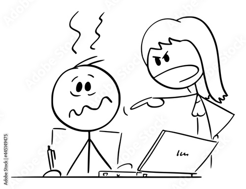 Person Working at Home Office or Worker Typing on Computer, Wife or Female Boss is Yelling, Vector Cartoon Stick Figure Illustration