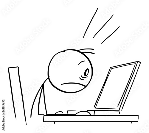 Shocked Person Working in Office and Watching Computer Display, Vector Cartoon Stick Figure Illustration