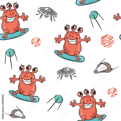 Seamless vector pattern with ufo,space, spaceship,and cute surfer alien. Baby background