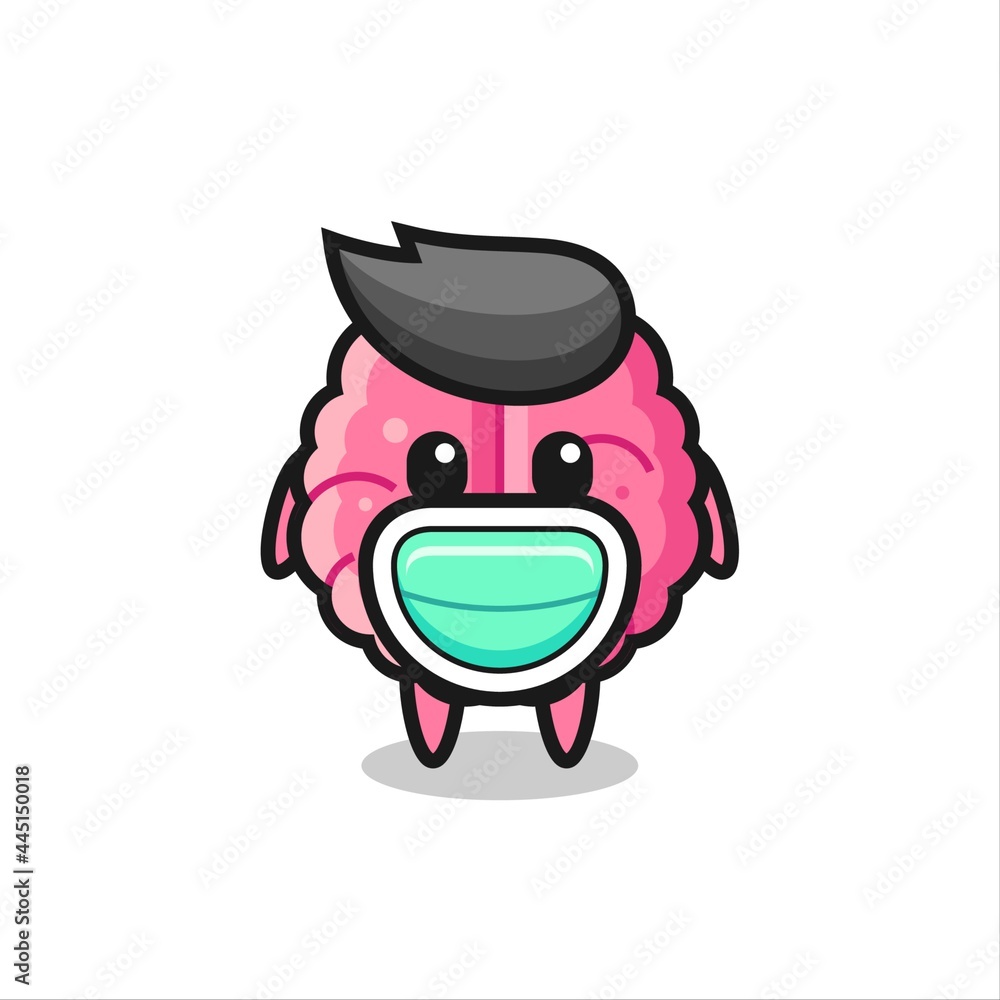 cute brain cartoon wearing a mask